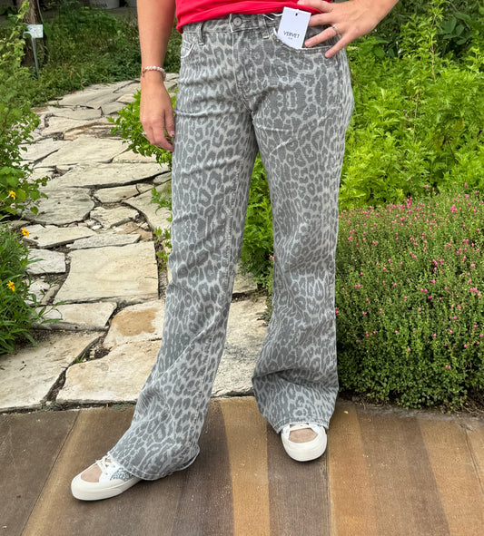 Grey Leopard - Mid Rise Full Length Vintage Flare Jeans