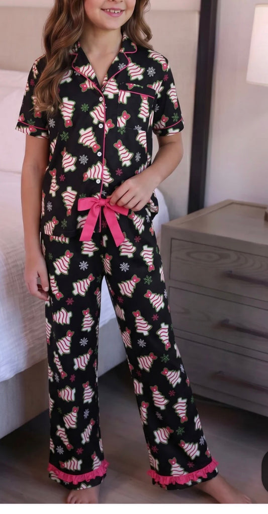 Merry Bow Christmas Treat Girls Ruffle Pajama Set