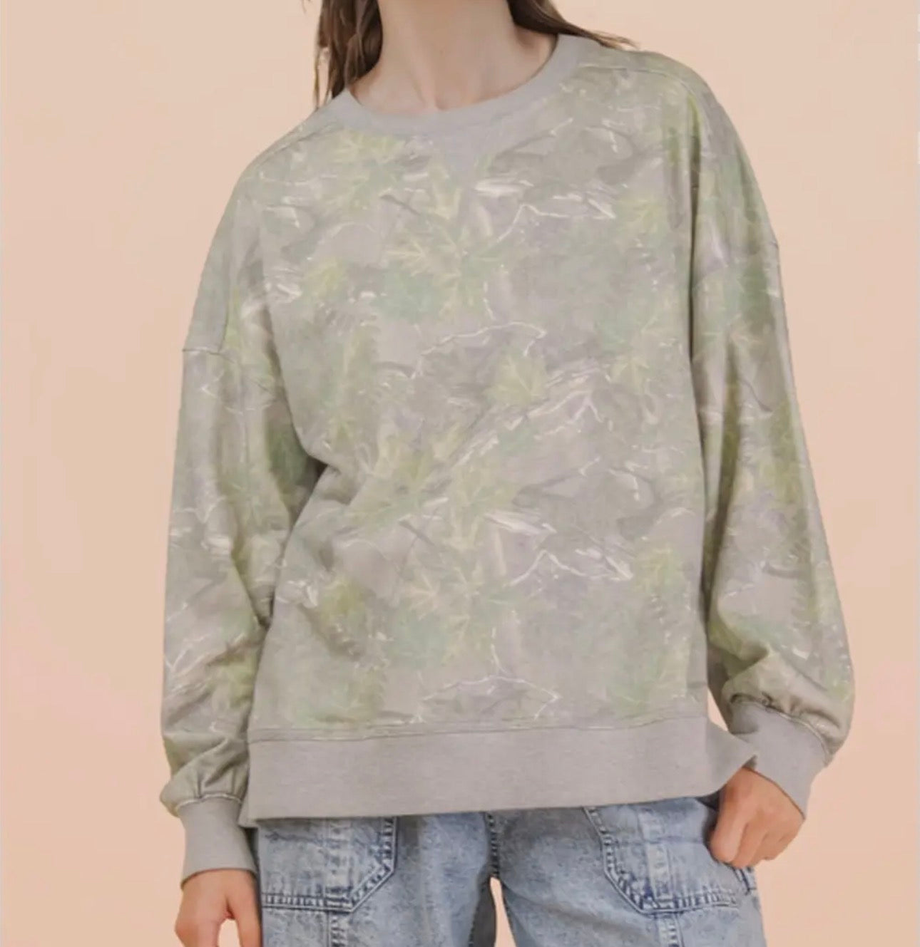 Oversized Round Neck Long Camo Knit Top