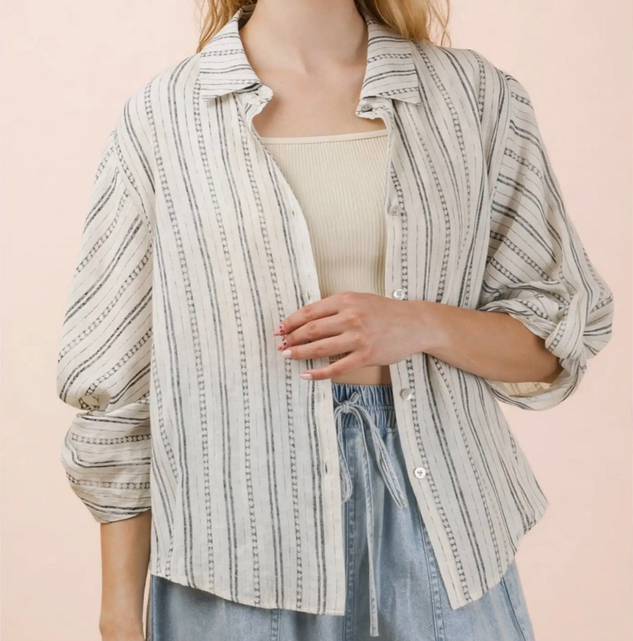 Roll Up Half Sleeve Stripe Shirt Top