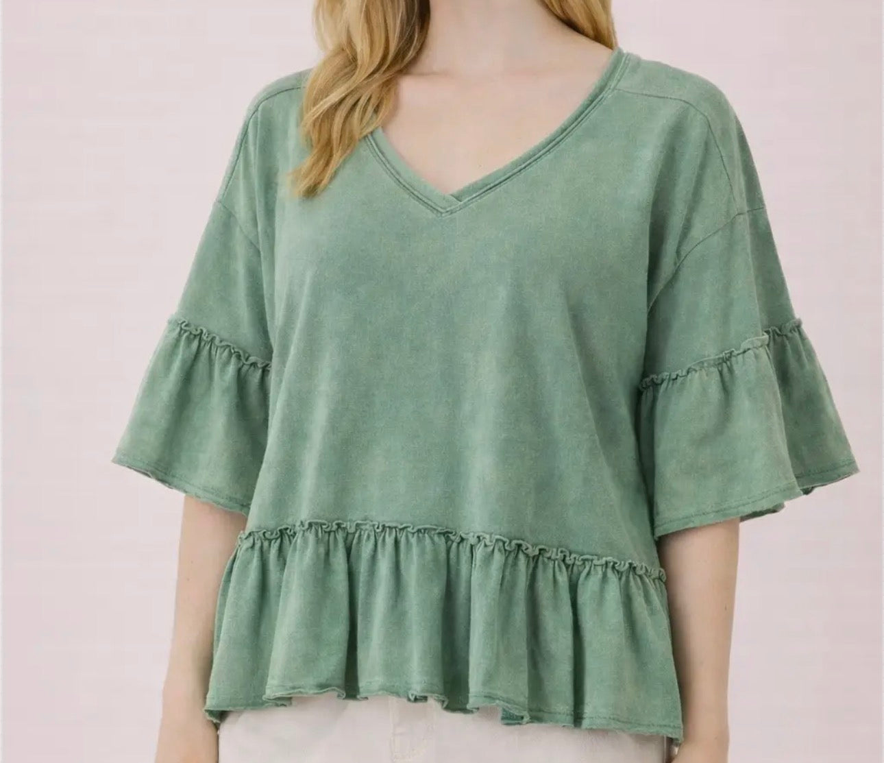 Sage flowy v neck shirt