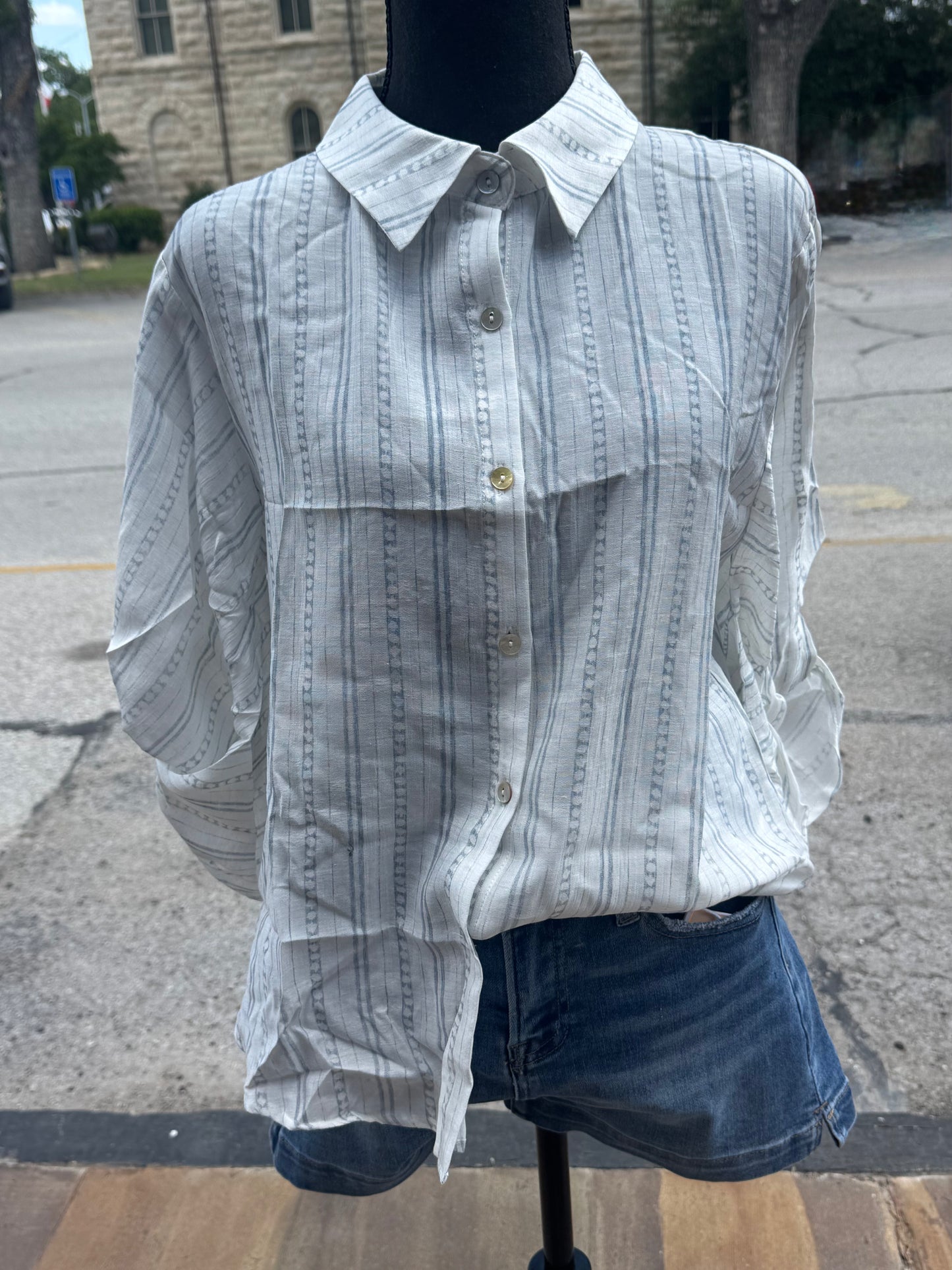 White Mix: Roll Up Half Sleeve Stripe Shirt Top