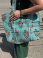 Floral Green Stripe Tote Bag