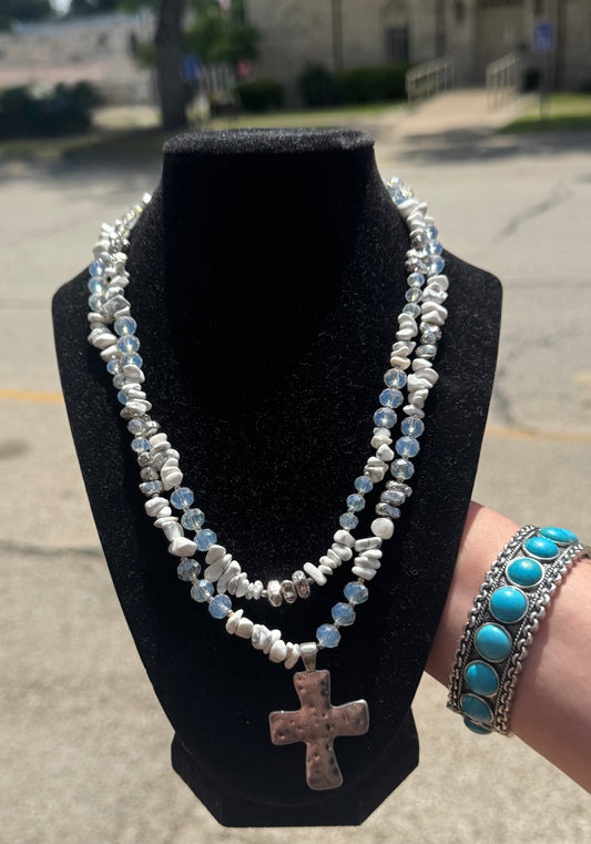 Chip Stone Double Cross Necklace