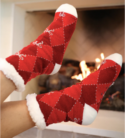 Cozy Cabin Socks - Argyle and Bows - Red/White