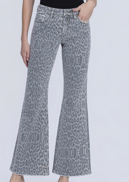 Grey Leopard - Mid Rise Full Length Vintage Flare Jeans