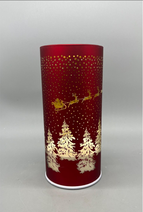 Rotating 8" LED Glass Cylinder With Laser Etched Santa Sleigh & Tree Design