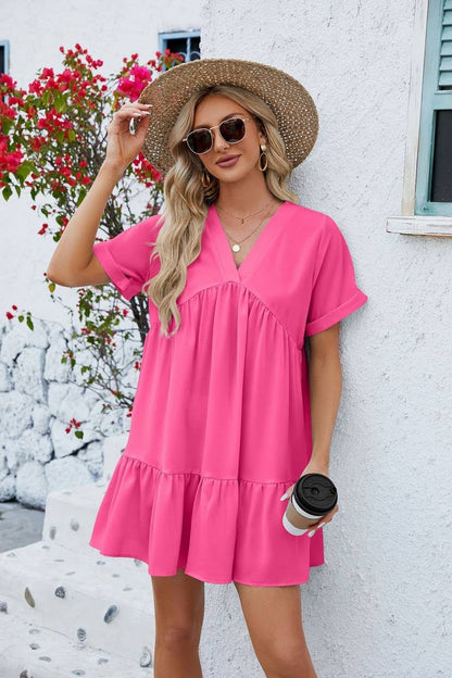 V Neck Tiered Short Sleeve Dress: (L)