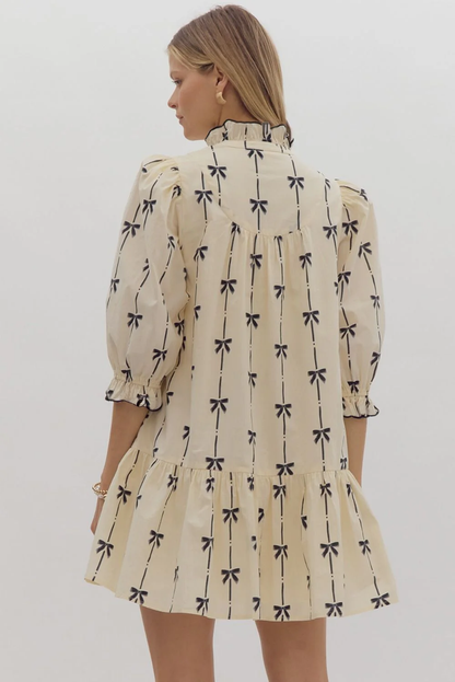 Beige Bowknot Bubble Sleeve Mini Dress: L