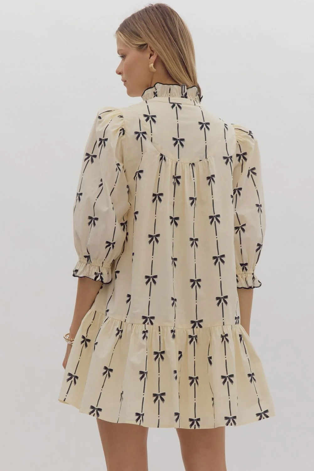 Beige Bowknot Bubble Sleeve Mini Dress:XL