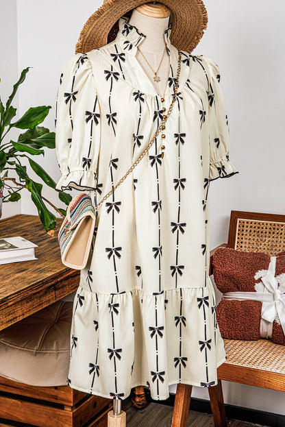 Fashion-W Cute Bowknot Bubble Sleeve V Neck Mini Dress: As shown / Missy / S