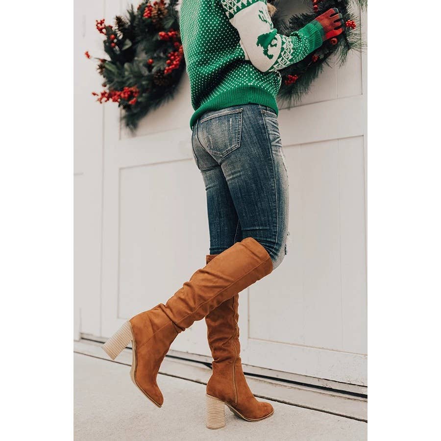 Suede Chunky Heel Knight Boots: 36