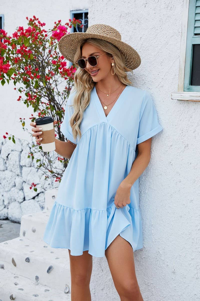 V Neck Tiered Short Sleeve Dress: (L)