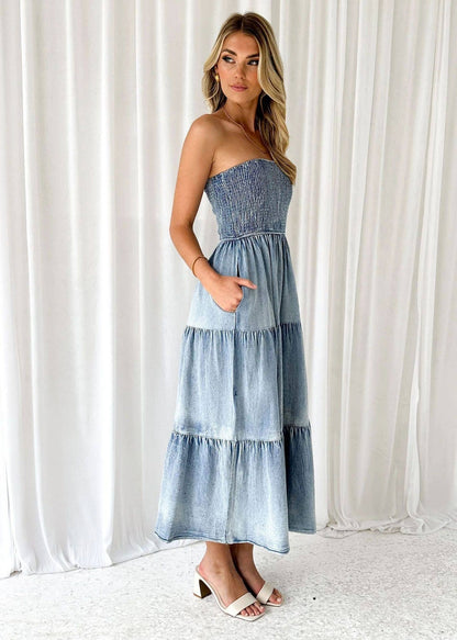 Off-Shoulder Jean Dress:L