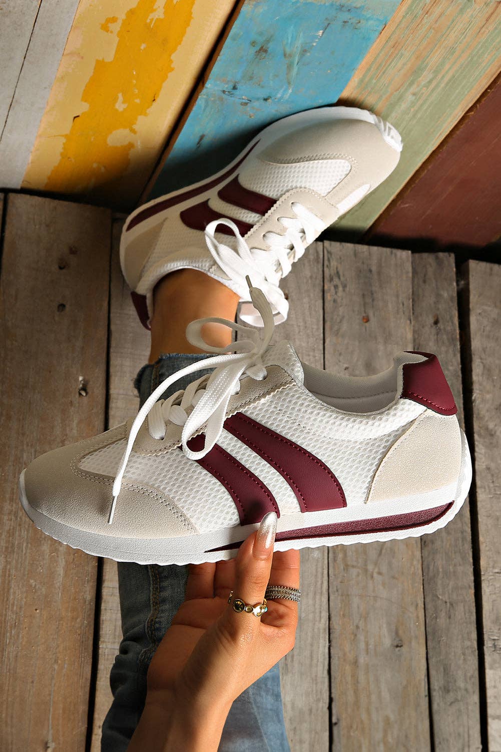 Block Patchwork Breathable Lace-up Sneakers: White / (US 8.5)40