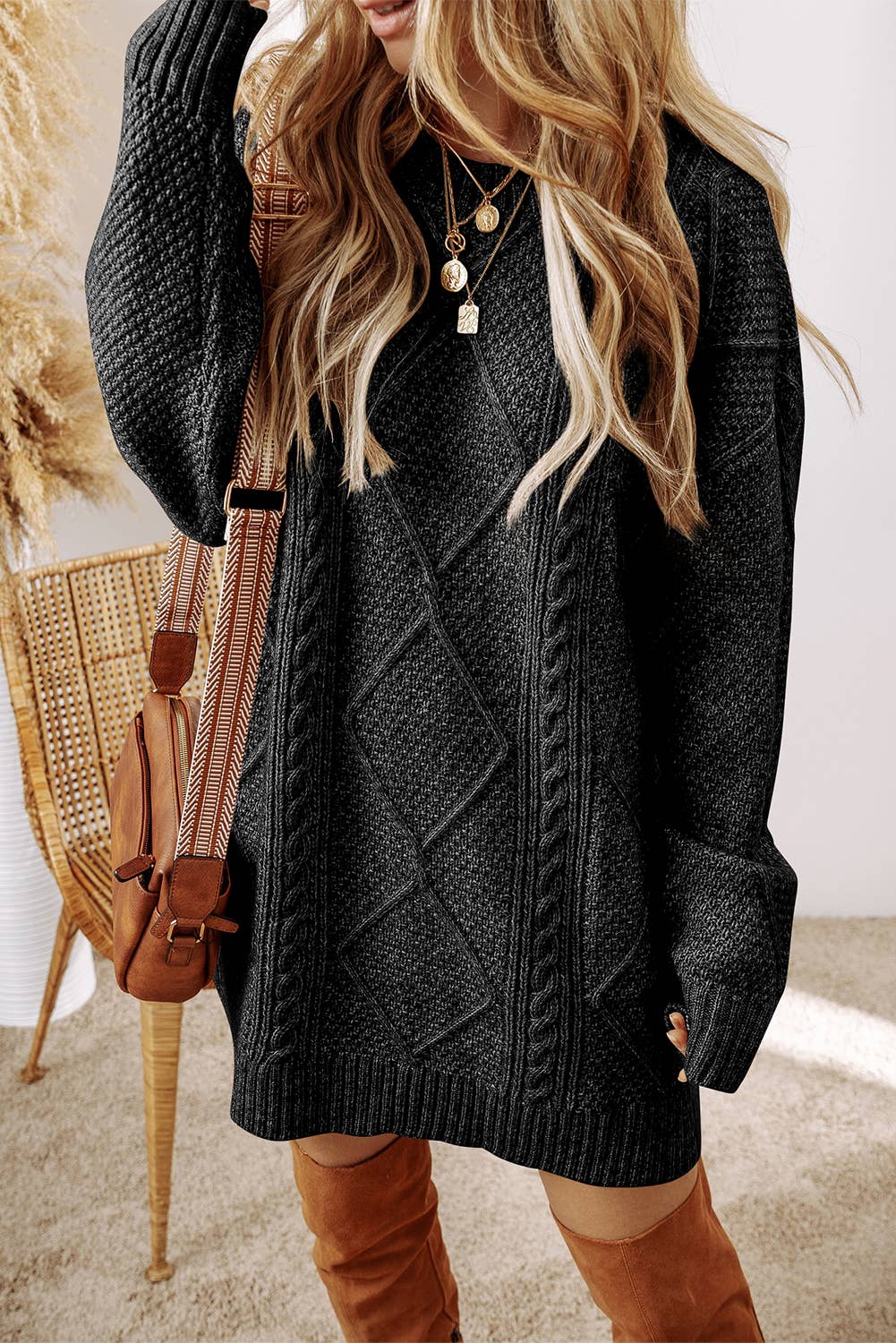Cable Knit Loose Fit Sweater Dress:  2XL