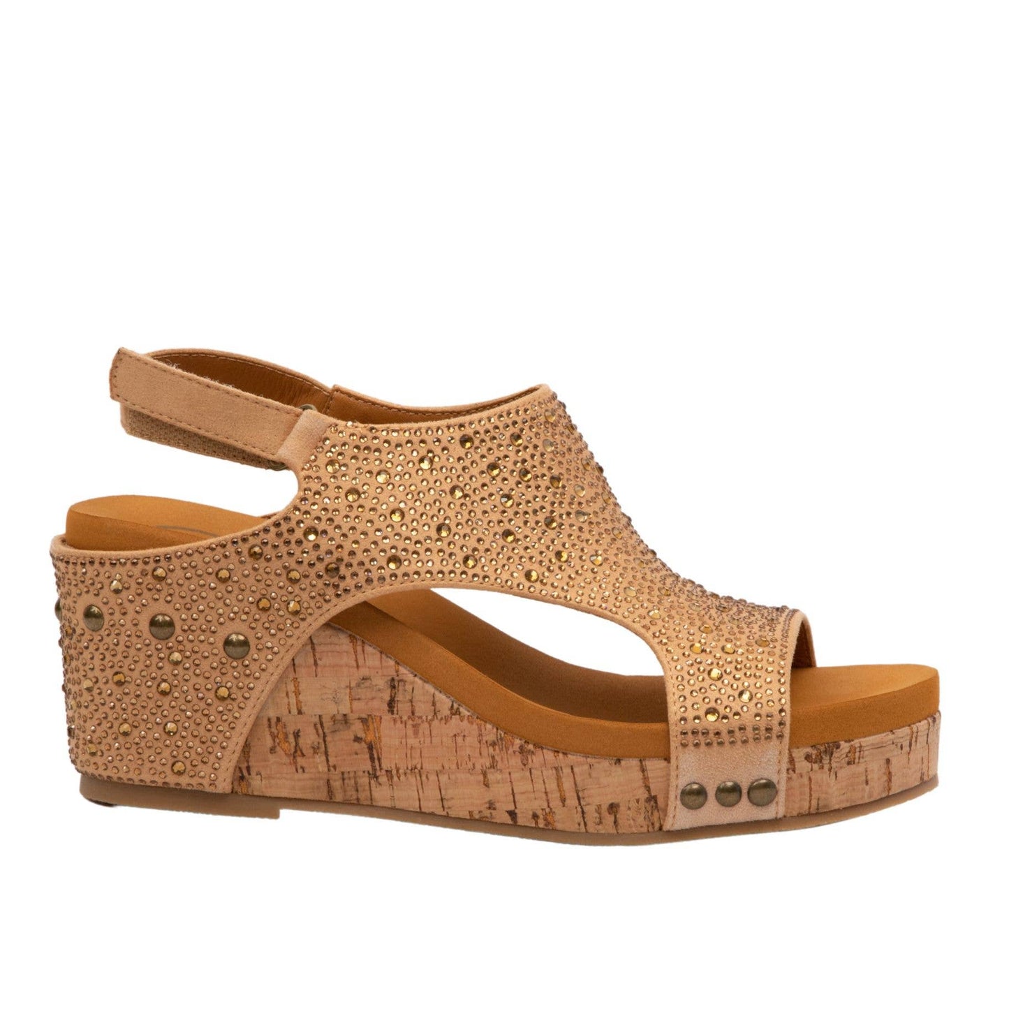 BARB Rhinestone Cushioned Women Slingback Velcro Cork Wedge: Pink Crystal / 8