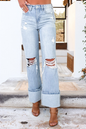 Light Wash Distressed Flare Jeans:  16