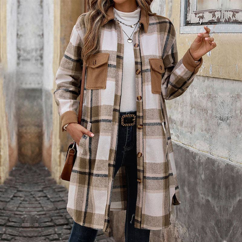 Plaid Long Coat: Coffee color / M