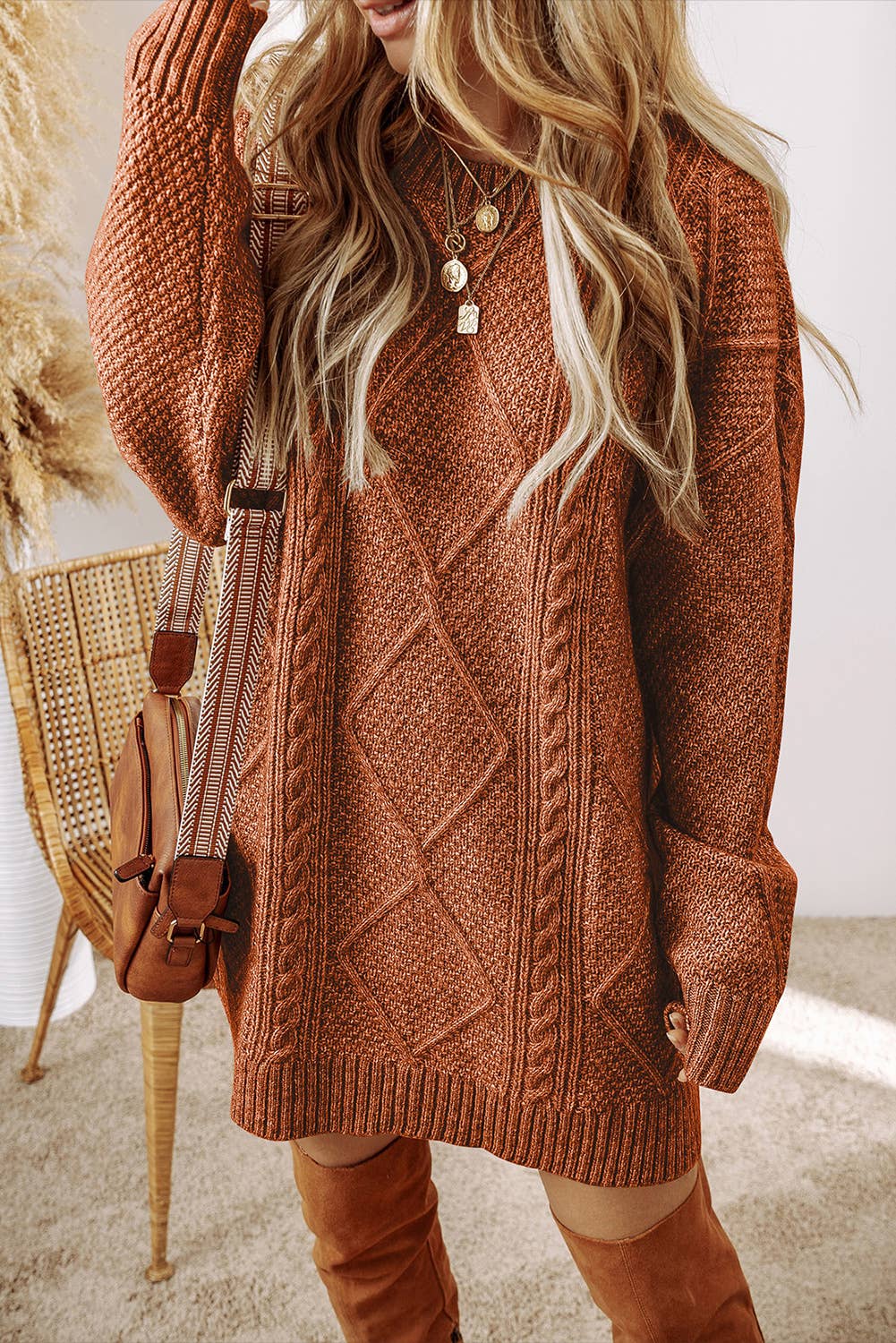 Cable Knit Loose Fit Sweater Dress: M