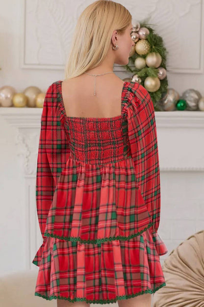 SQUARE NECK PLAID CHRISTMAS DRESS: (S)