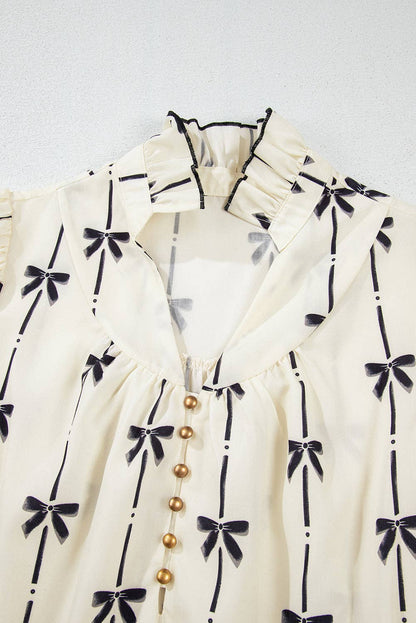Beige Bowknot Bubble Sleeve Mini Dress: L