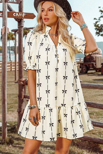 Fashion-W Cute Bowknot Bubble Sleeve V Neck Mini Dress: As shown / Missy / S