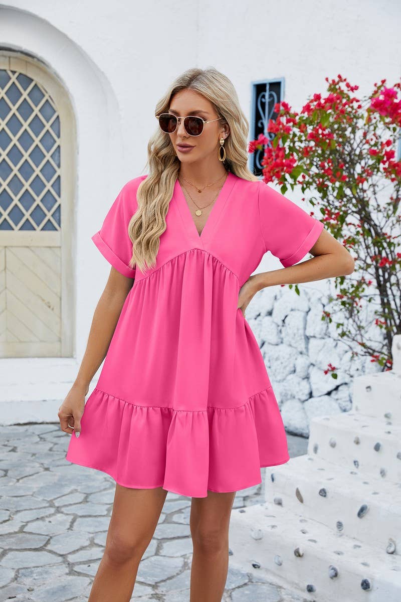 V Neck Tiered Short Sleeve Dress: (M)
