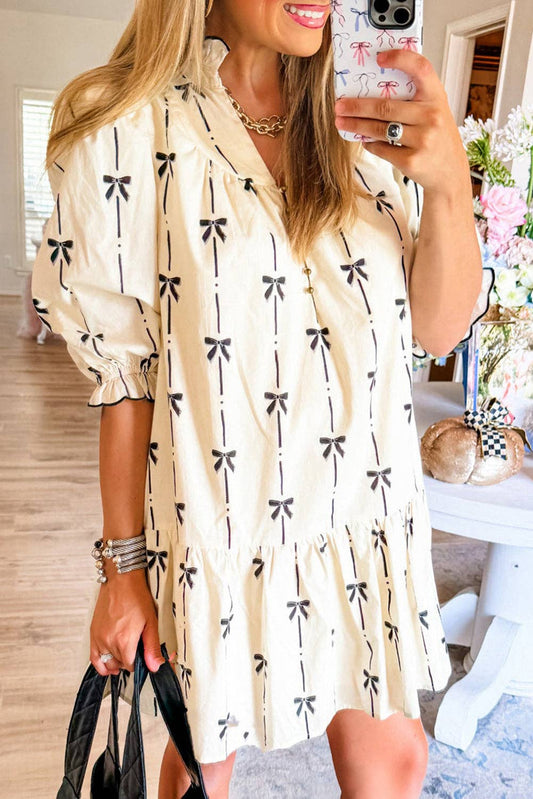 Beige Bowknot Bubble Sleeve Mini Dress: L