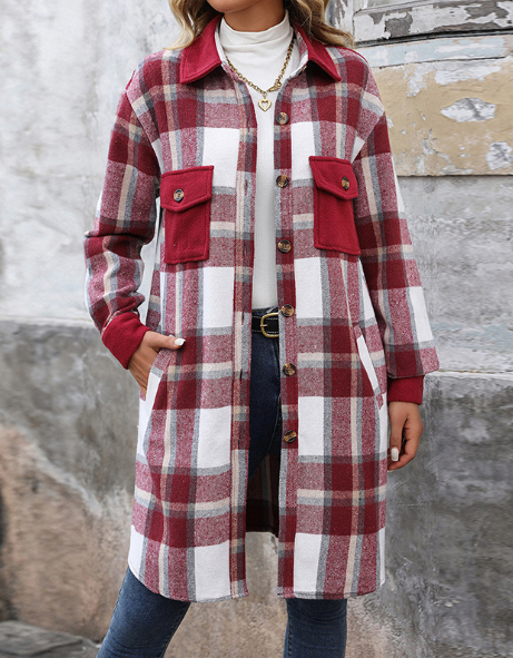 Plaid Long Coat: Coffee color / M
