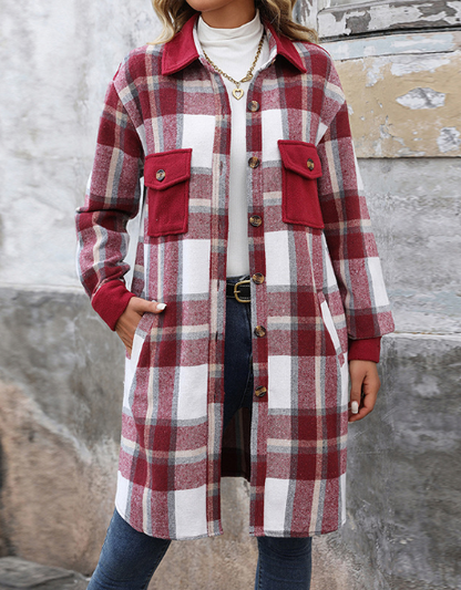 Plaid Long Coat: Coffee color / M