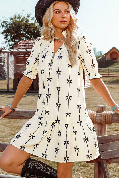 Fashion-W Cute Bowknot Bubble Sleeve V Neck Mini Dress: As shown / Missy / S